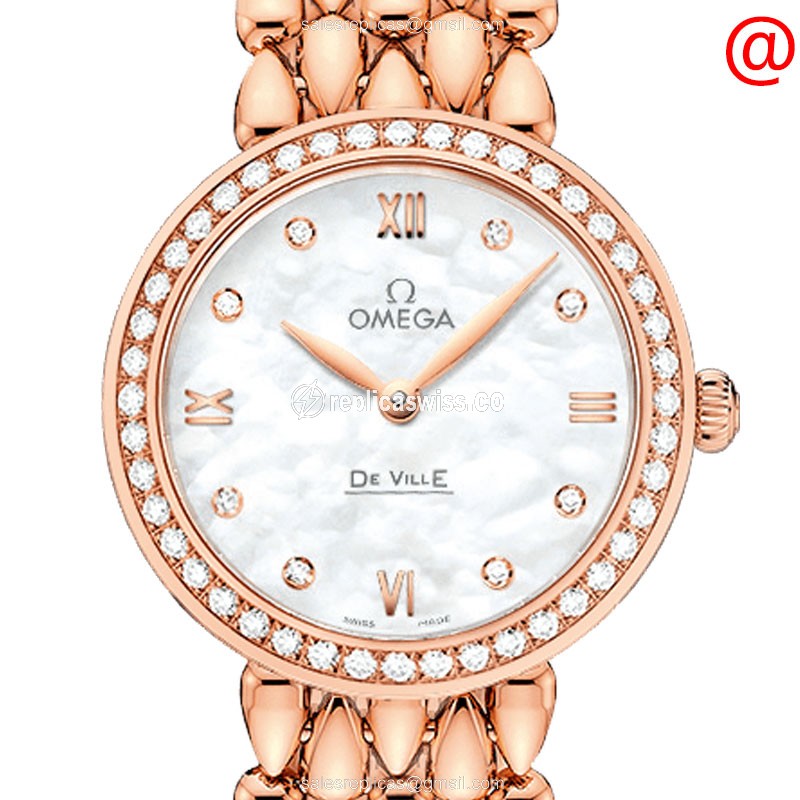 Omega De Ville Replica - Quartz - 18kt Rose Gold Case - Diamonds - White Dial