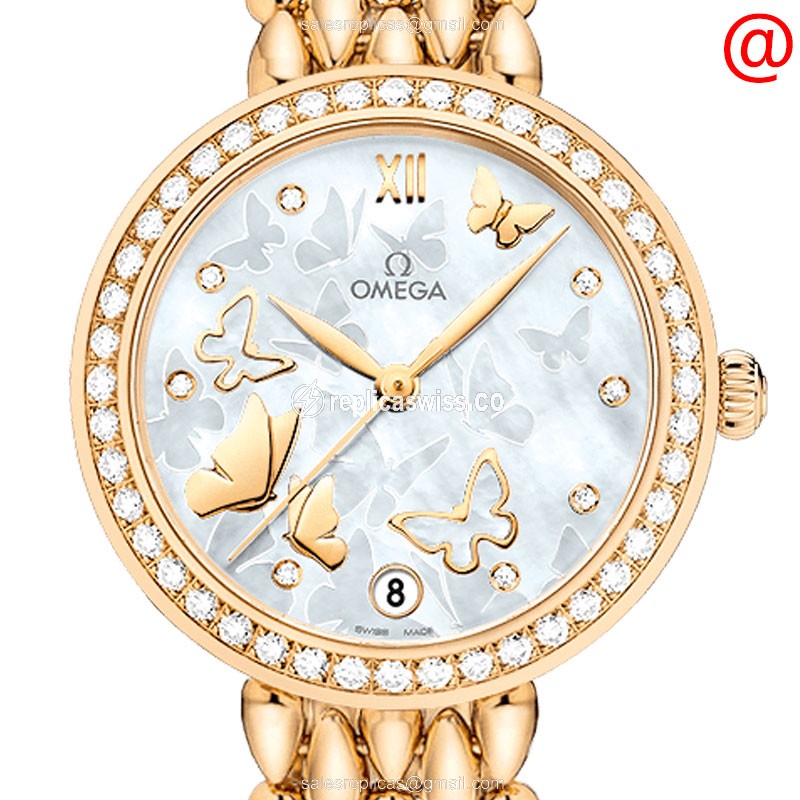 Omega De Ville Replica - Automatic 18kt Gold - Diamond White Dial - Gold Clasp & Strap