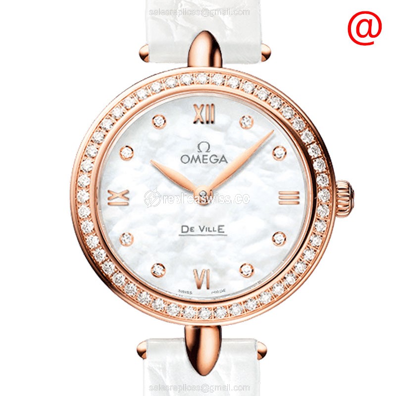 Omega Replica DE VILLE - Quartz - 18kt Rose Gold - Diamonds - White Dial - Leather Strap