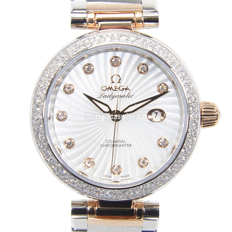 Omega DE VILLE Replica - Automatic 18kt Rose - Diamond White Dial - Silver Steel Strap