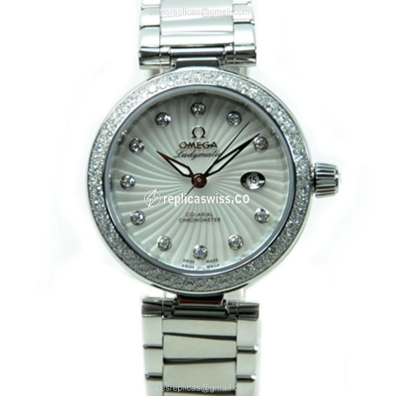 Omega De Ville Replica - Automatic - Stainless Steel Case - Diamonds - Silver Dial - Steel Band