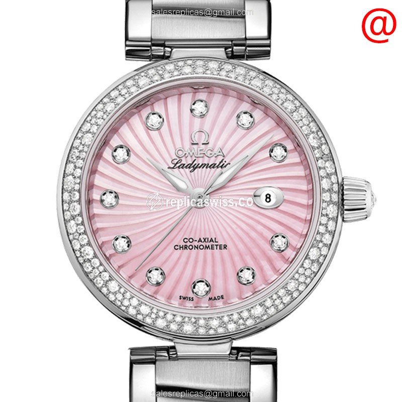 Omega Replica DE VILLE - Automatic - Stainless Steel & Diamonds - Pink Dial - Silver Clasp - Steel Strap
