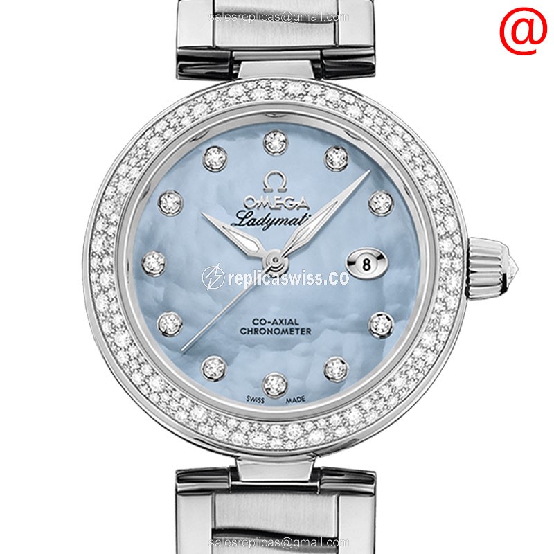 Omega DE VILLE Replica - Automatic - Blue Dial - Diamonds - Steel Case - Silver Strap