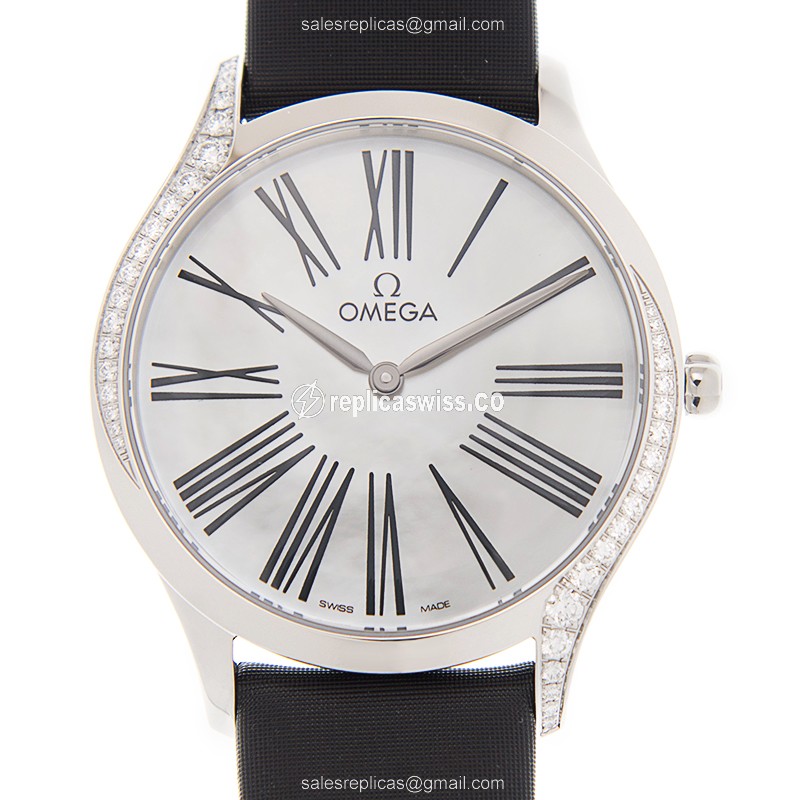 Omega De Ville Replica - Quartz - White Dial - Diamonds - Black Silk Strap - Buckle Clasp - Luxury Replica DE VILLE Watch