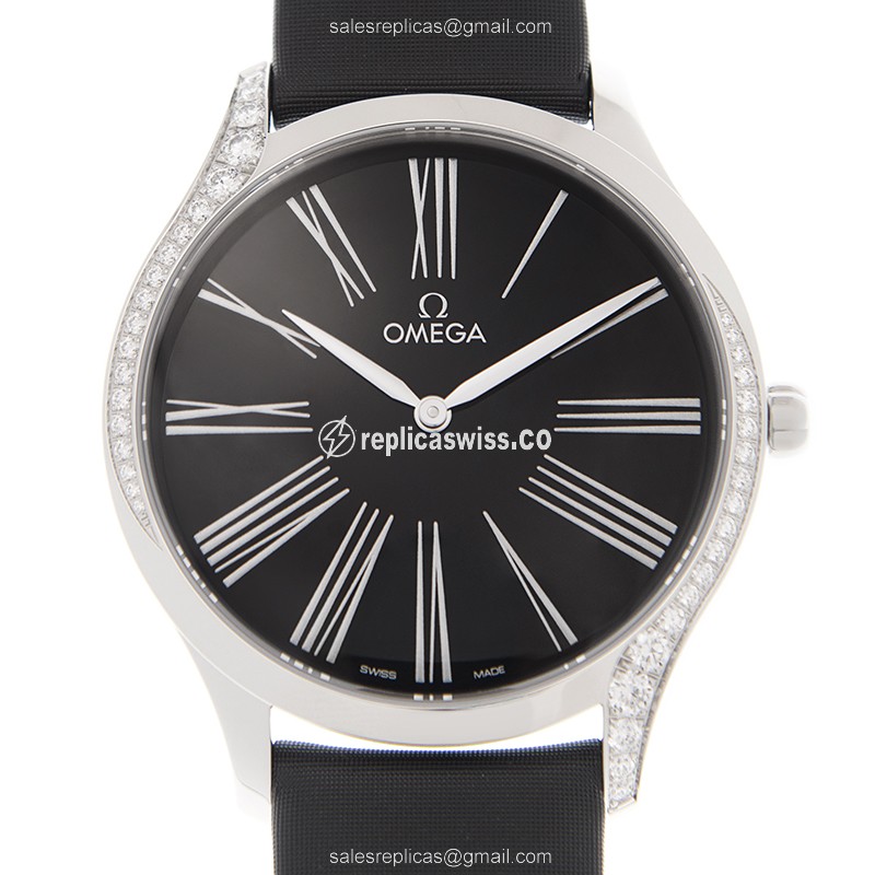Omega DE VILLE Replica - Quartz - Stainless Steel Case - Black Dial on Black Leather Strap