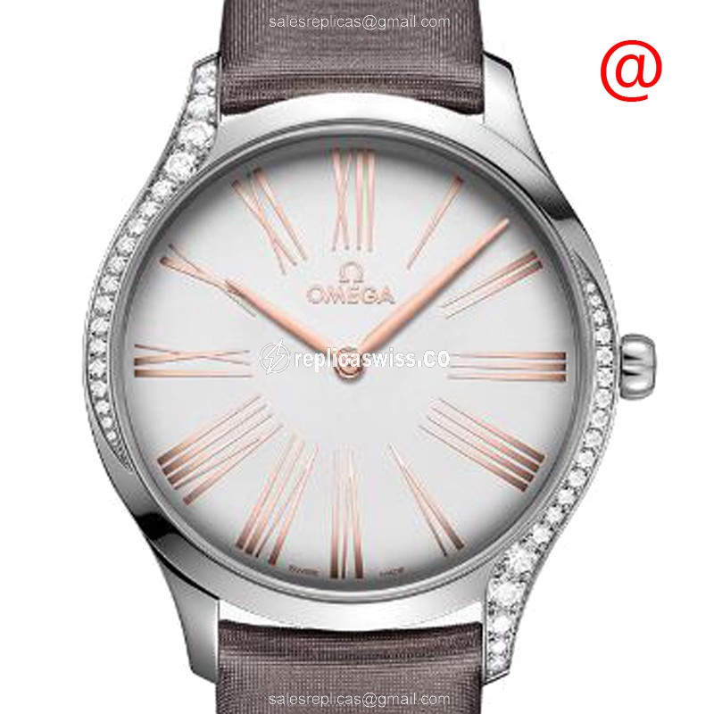 Omega 428.17.39.60.02.001 DE VILLE Replica - Quartz, Diamond Case, Silver Dial - Leather Buckle Grey Strap