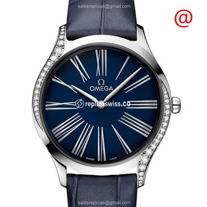 Omega De Ville Replica - Quartz - Stainless Steel - Blue Dial - Diamonds - Blue Alligator Strap