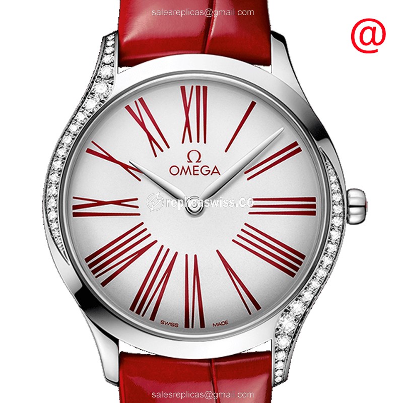 Omega De Ville Replica - Quartz - Stainless Steel Case, White Dial on Red Leather Strap