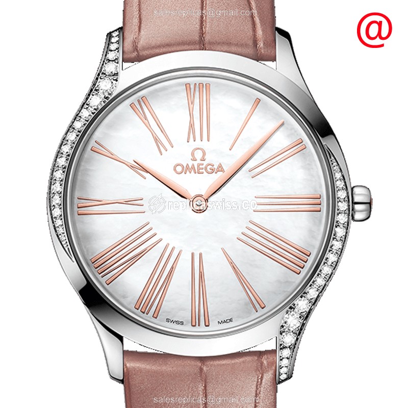 Omega DE VILLE Replica - Quartz - Diamond Case - White Dial, Brown Leather Strap