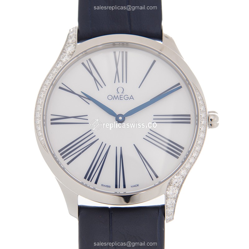 Omega DE VILLE Quartz Replica - White Dial - Steel Case - Blue Leather Strap - Buckle Clasp