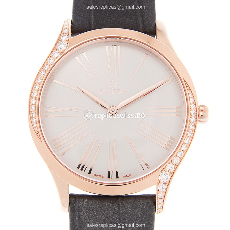 Omega Replica DE VILLE - Quartz - 18kt Rose Gold - Diamonds - Silver Dial - Leather Strap - Black Buckle - Luxury Replica DE VILLE Watch