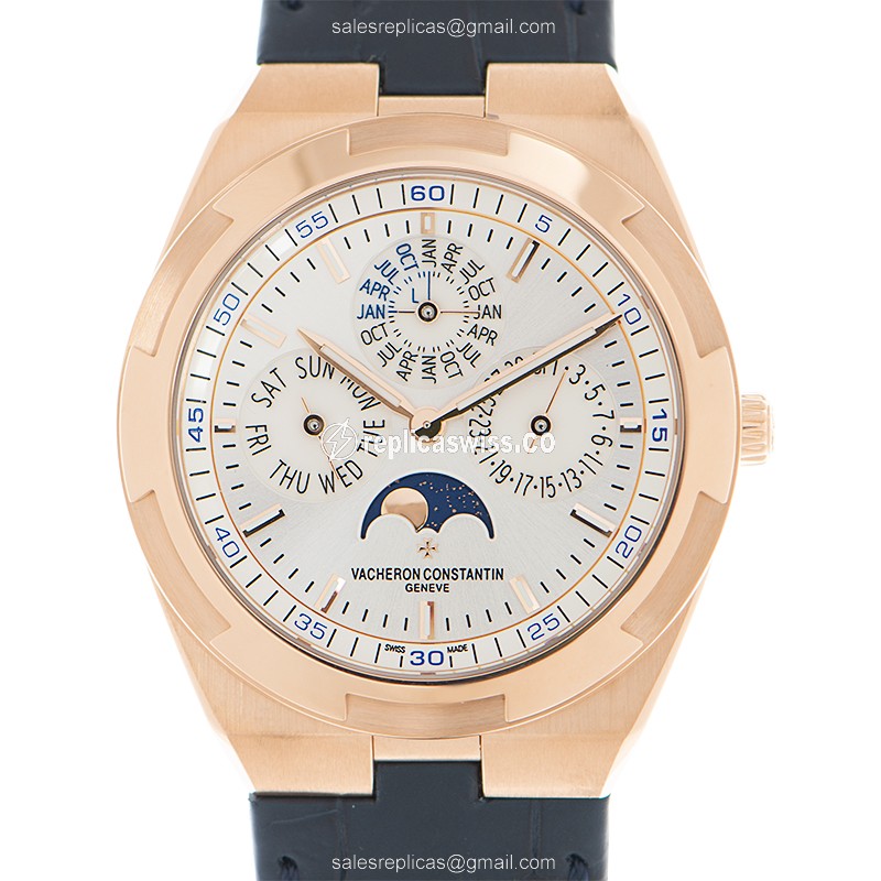 Vacheron Constantin Overseas Replica - Automatic - 18kt Rose Gold - Silver Dial - Blue Alligator Strap - Luxury Replica OVERSEAS Watch