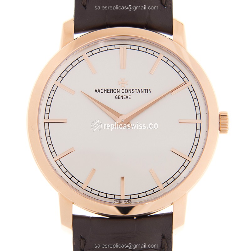 Vacheron Constantin 43075/000R-9737 PATRIMONY TRAD. - Auto 18kt Rose Gold - Silver Dial - Brown Alligator Buckle