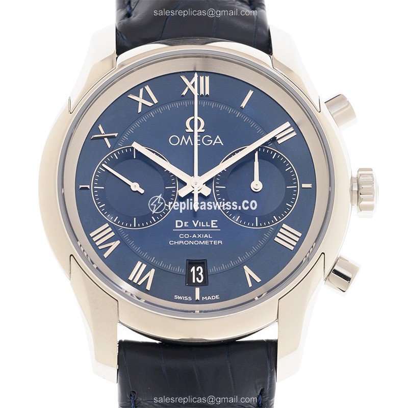 Omega De Ville Automatic Stainless Steel Replica - Blue Dial on Leather Strap