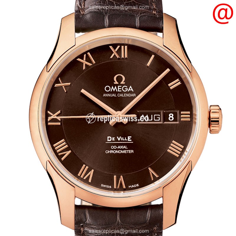 Omega DE VILLE Replica - Automatic - 18kt Rose Gold - Brown Dial & Leather Strap