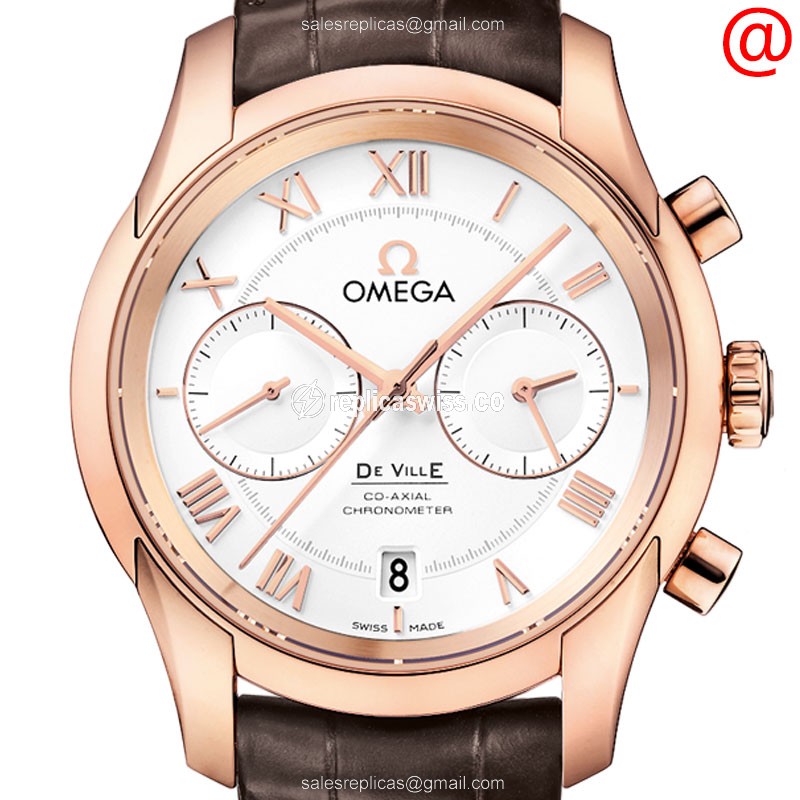 Omega De Ville Replica - Automatic - 18kt Rose Gold - Silver Dial - Brown Leather Strap