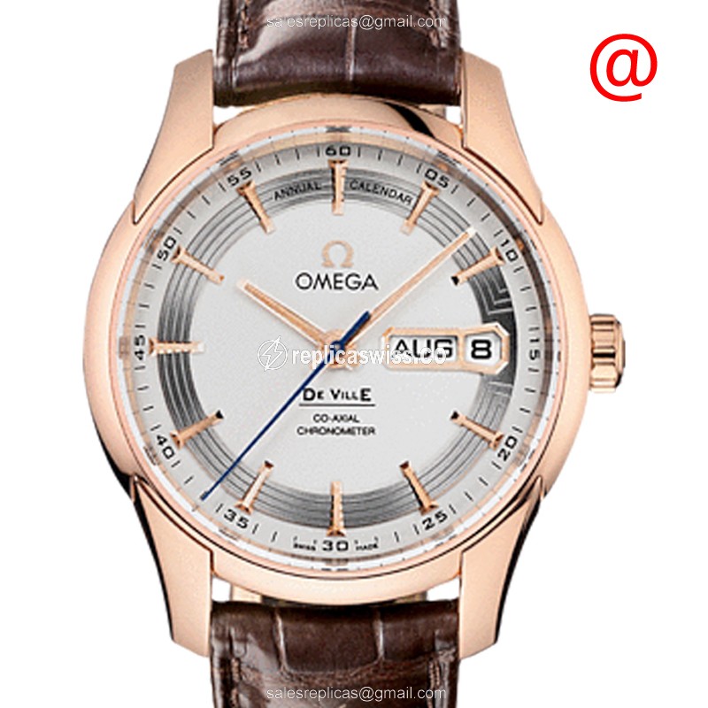 Omega De Ville Replica - Automatic 18kt Rose Gold - Silver Dial - Brown Leather Strap - Luxury Replica DE VILLE Watch