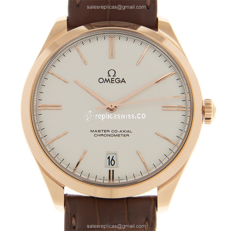 Omega De Ville Replica - 18kt Rose Gold - Automatic - Silver Dial - Brown Alligator Strap