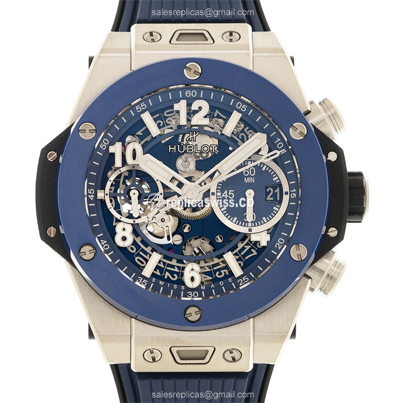 Hublot BIG BANG Replica - Automatic - Titanium - Transparent - Blue Rubber Clasp - Luxury Replica BIG BANG Watch