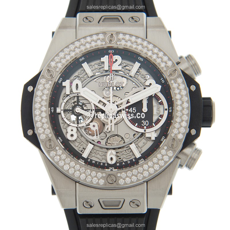 Hublot BIG BANG Replica - Automatic - Titanium - Diamond Case - Skull Dial - Black Rubber Strap - Luxury Replica BIG BANG Watch