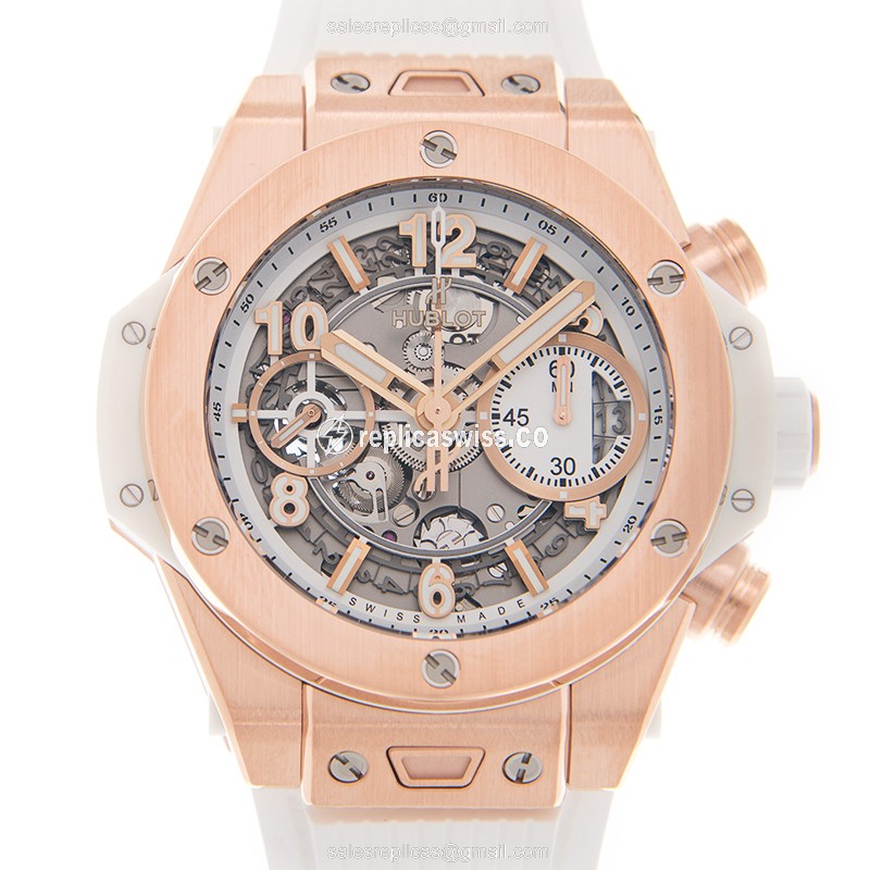 Hublot BIG BANG Replica - Automatic - 18kt Rose Gold - Skull Dial - White Rubber Strap