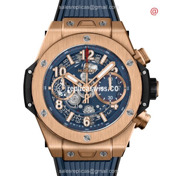 Hublot BIG BANG Replica - Automatic - 18kt Rose Gold - Transparent Dial - Blue Rubber Strap