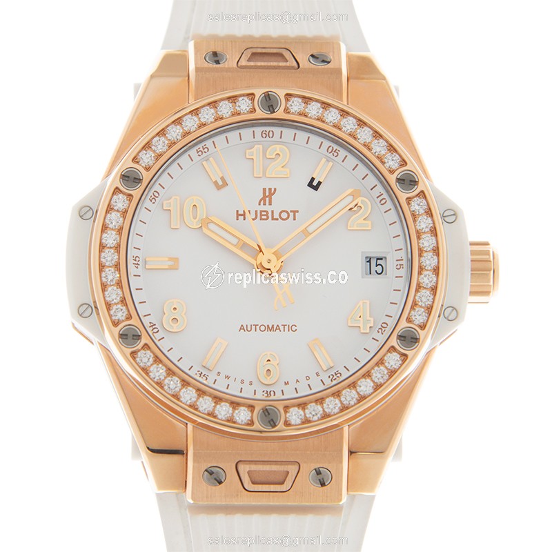 Hublot Big Bang Replica - 18kt Rose Gold - Diamonds - Automatic - White Dial - Rubber Strap