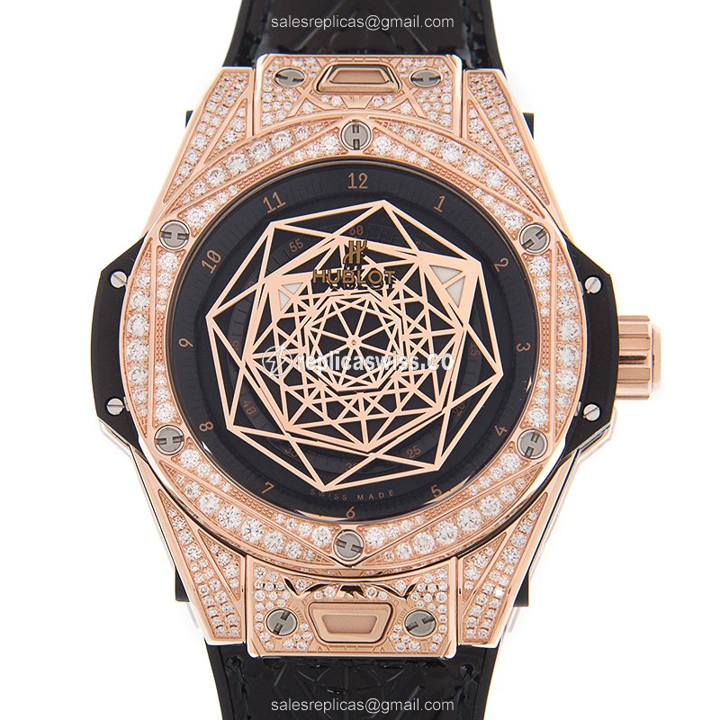 Hublot BIG BANG Replica - Automatic - 18kt Rose Gold - Black Dial - Cowhide Black Strap