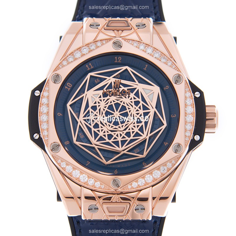 Hublot Big Bang Replica - Auto - 18kt Rose Gold - Diamond Bezel - Blue Dial - Leather Strap