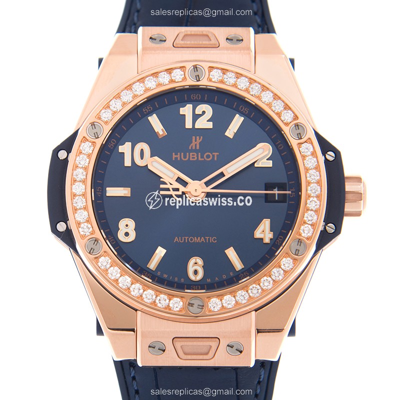 Hublot BIG BANG Replica - Automatic - 18kt Rose Gold - Diamonds - Blue Dial - Leather Strap - Luxury Replica BIG BANG Watch