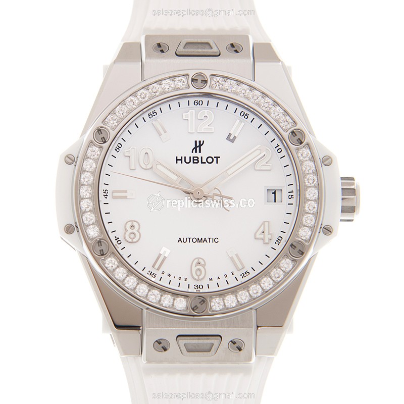 Hublot BIG BANG Replica - Automatic - Diamond Case - White Dial - Rubber Strap