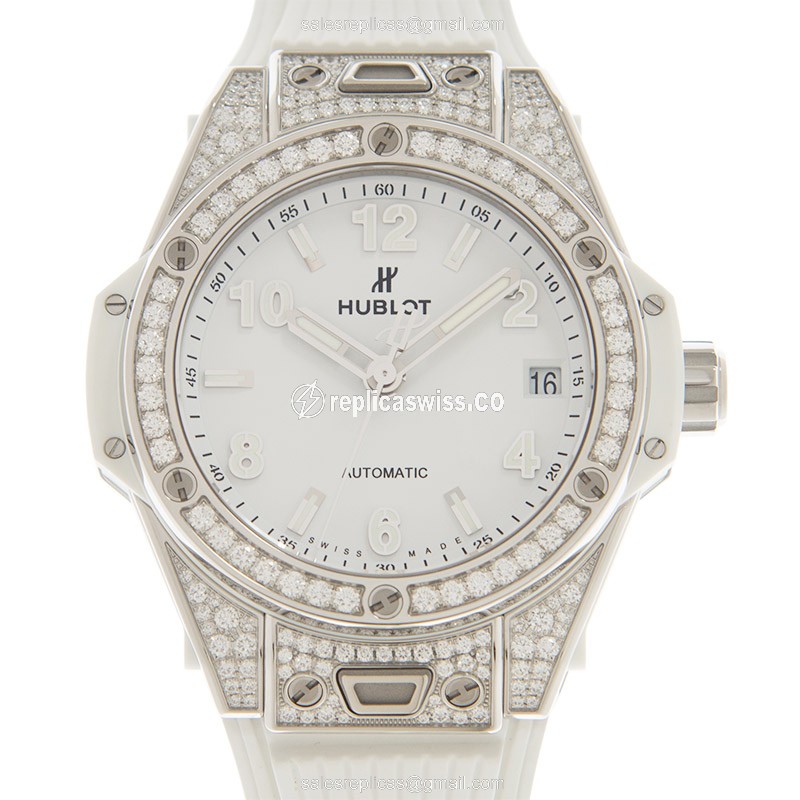 Hublot BIG BANG Replica - Automatic - Stainless Steel - White Dial & Diamond Bezel
