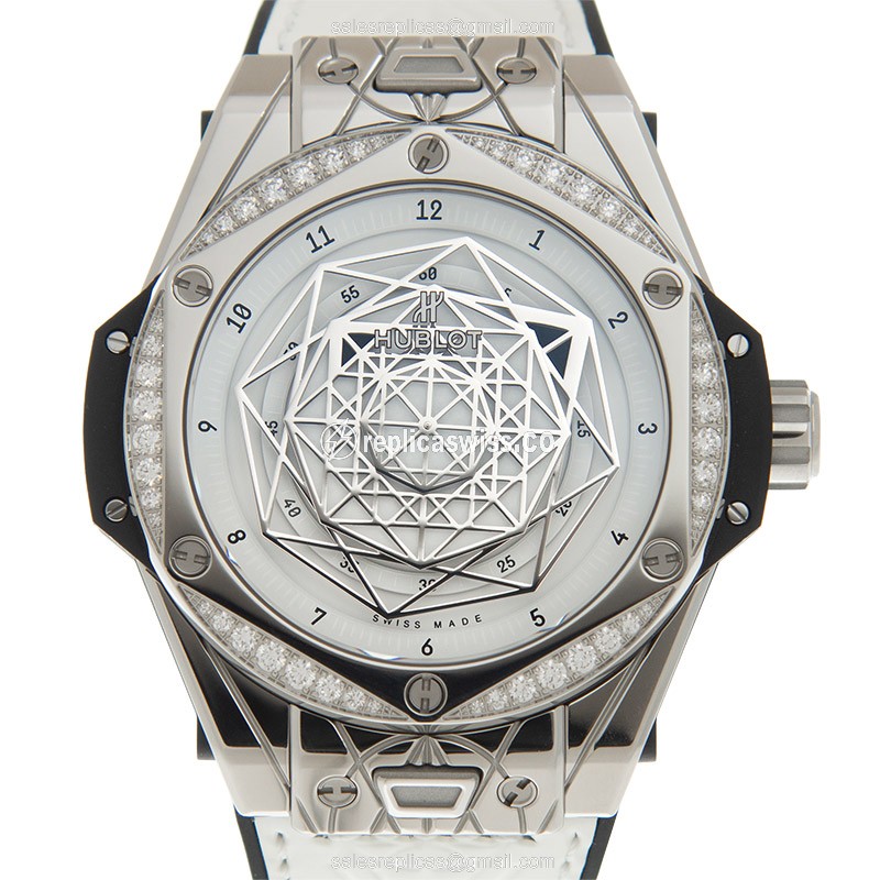 Hublot BIG BANG Replica - Automatic - Stainless Steel & Diamond - White Dial - Rubber Strap