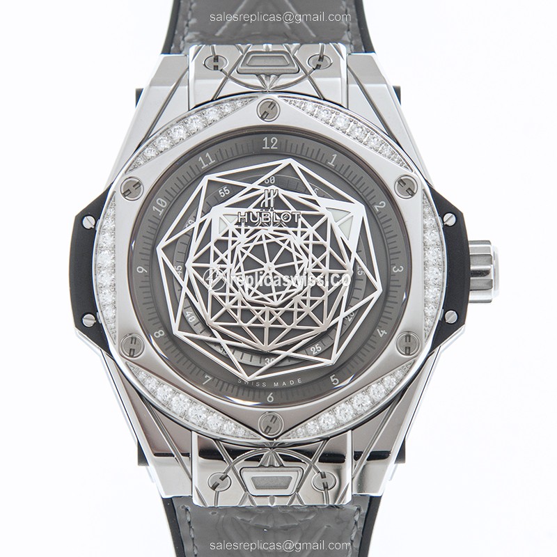Hublot Big Bang Replica - Automatic - Stainless Steel & Diamond - Gray Dial - Grey Alligator Strap