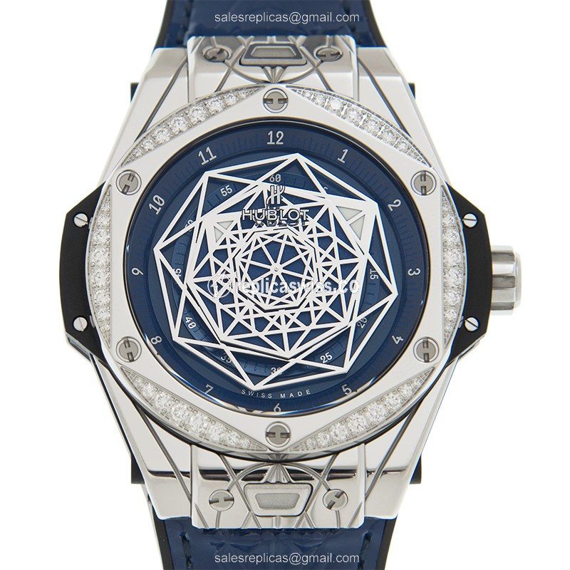 Hublot BIG BANG Replica - Automatic - Diamond Case - Blue Dial - Leather Strap - Luxury Replica BIG BANG Watch
