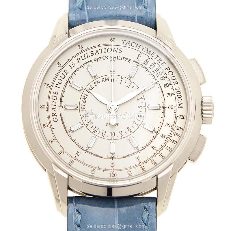 Patek Philippe 4675G-001 Replica - Automatic - 18kt White Gold - Silver Dial - Blue Alligator Strap