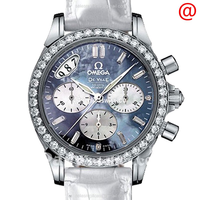 Omega Replica DE VILLE - Automatic - Stainless Steel & Diamonds - Blue Dial - White Alligator Strap