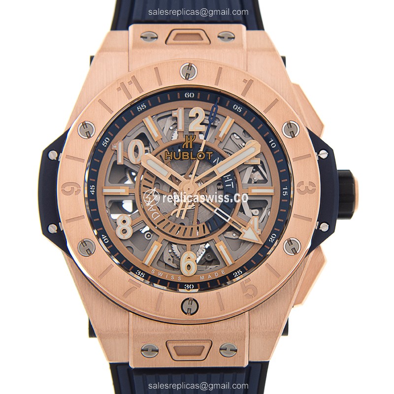 Hublot BIG BANG Replica - Automatic 18kt Rose Gold - Gold Dial - Blue Rubber Strap