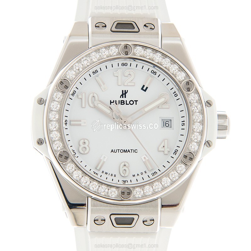 Hublot BIG BANG Replica - Automatic - Stainless Steel - White Dial - Diamond Case - Rubber Strap