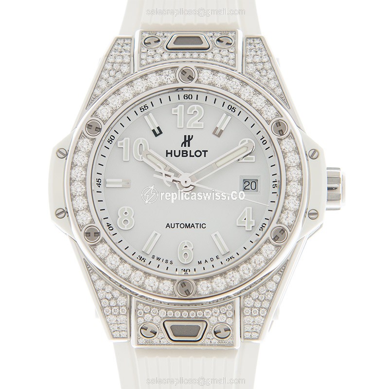 Hublot BIG BANG Replica - Automatic - Stainless Steel & Diamond - White Dial - Rubber Strap