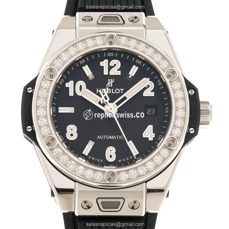 Hublot BIG BANG Replica - Automatic - Stainless Steel & Diamond - Black Dial - Rubber Strap - Luxury Replica BIG BANG Watch