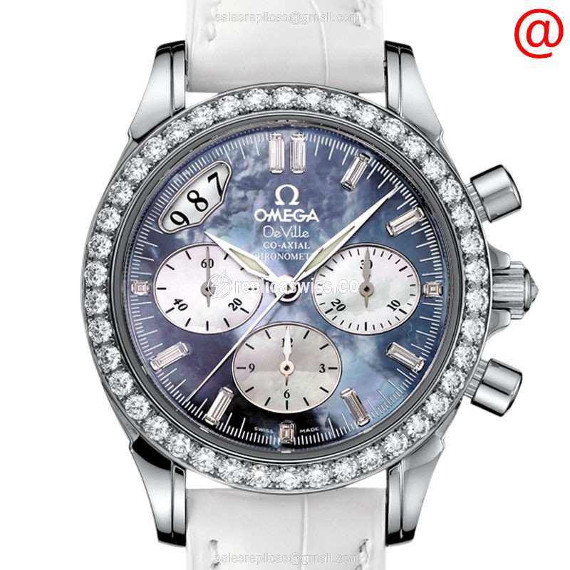 Omega De Ville Replica - Automatic - Stainless Steel Case - Blue Dial & Diamonds - White Leather Strap - Luxury Replica DE VILLE Watch