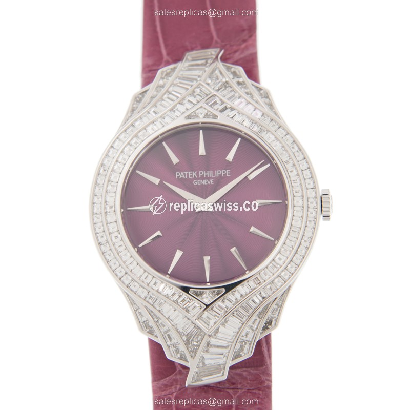 Patek Philippe 4895G-001 Replica - Manual Wind - 18kt White Gold - Red Dial - Diamond - Alligator Red Strap Buckle - Luxury Replica CALATRAVA Watch