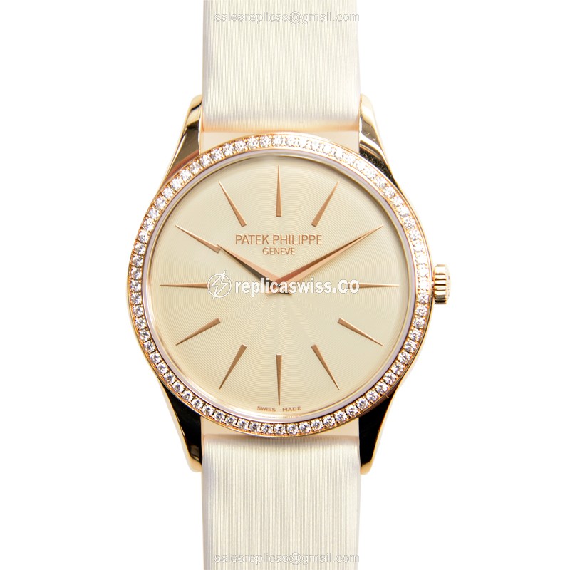 Patek Philippe 4897R-010 Replica - Manual Wind - 18kt Rose Gold - Beige Dial & Beige Satin Strap - Luxury Replica CALATRAVA Watch