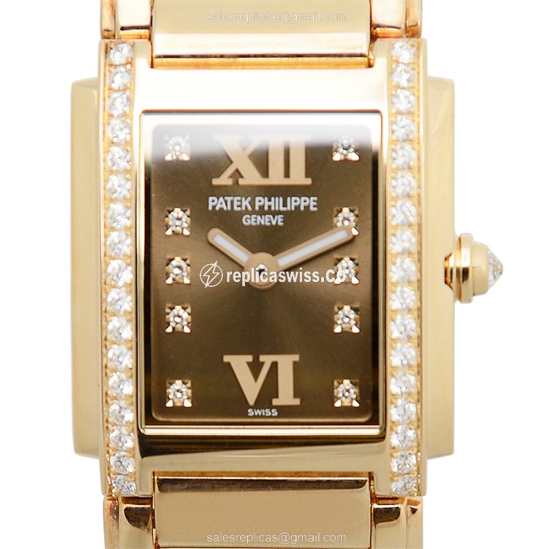 Patek Philippe TWENTY-4 Quartz Replica - 18kt Rose Gold - Brown Dial - Gold Strap - Luxury Replica TWENTY-4 Watch