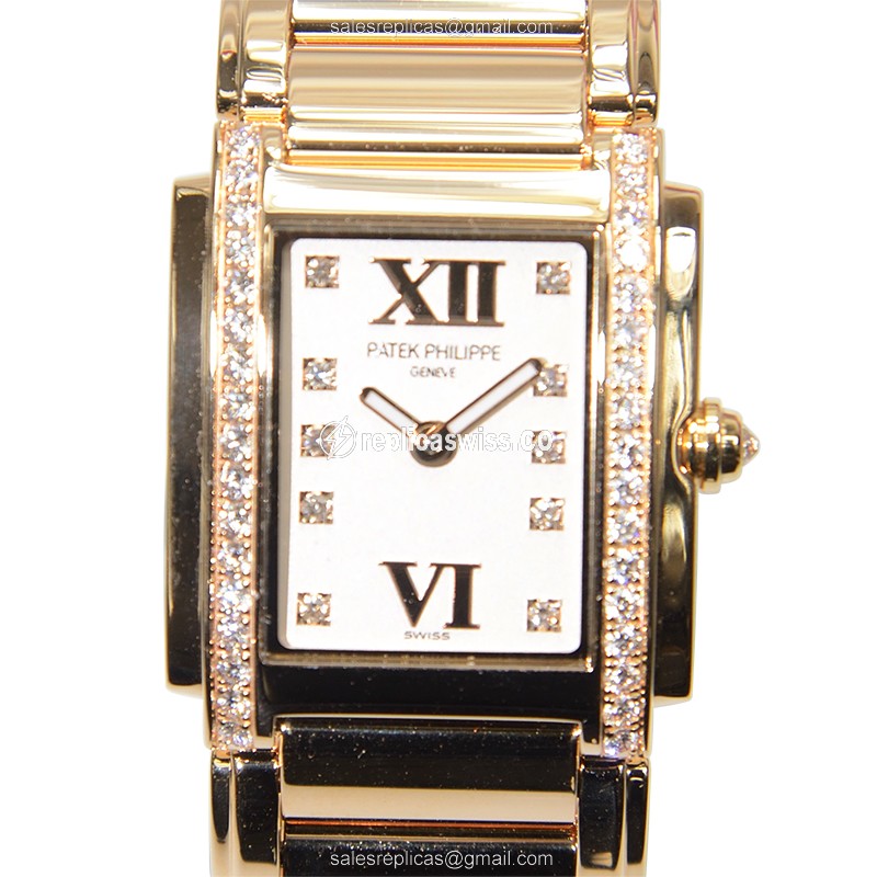 Patek Philippe TWENTY-4 Quartz Replica - Rose Gold Case - Diamond Bezel - Silver Dial - Luxury Replica TWENTY-4 Watch