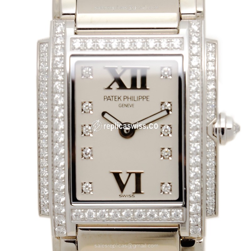 Patek Philippe TWENTY-4 Quartz Replica - 18kt White Gold - Diamond Dial - Silver Clasp - Luxury Replica TWENTY-4 Watch
