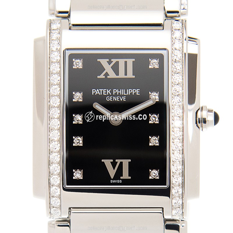 Patek Philippe TWENTY-4 Quartz - Stainless Steel Case - Black Dial - Silver Strap - Luxury Replica TWENTY-4 Watch