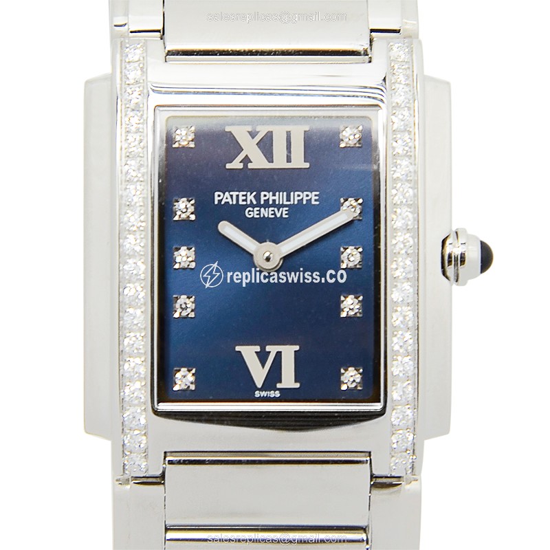 Patek Philippe TWENTY-4 Quartz Replica - Blue Dial, Diamonds, Silver Clasp & Steel Band - Luxury Replica TWENTY-4 Watch
