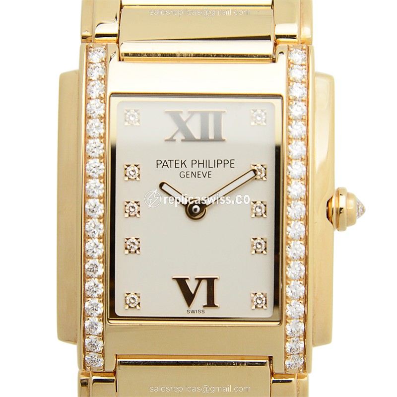 Patek Philippe 4910/11R-011 TWENTY-4 Quartz - 18kt Rose Gold Case - Silver Dial - Gold Strap - Luxury Replica TWENTY-4 Watch